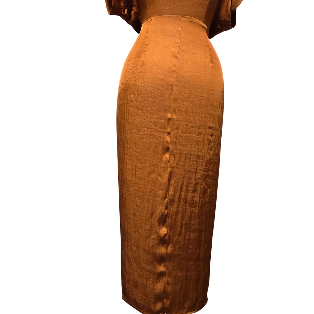 Steve Madden Women's Satin Draped Midi Shirt Dress Bronze Button Tie Waist Sz 6 - Picture 9 of 12